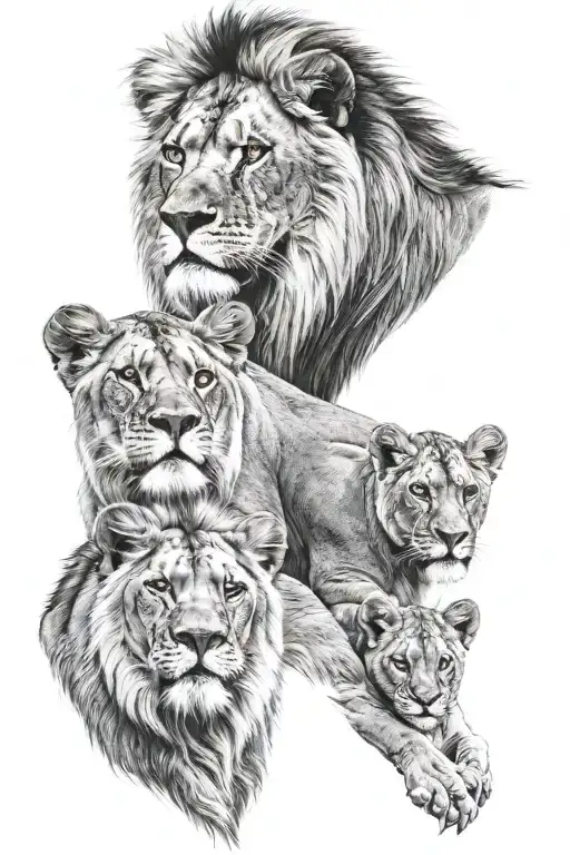 lion, lioness and 3 cubs face only tattoo design idea