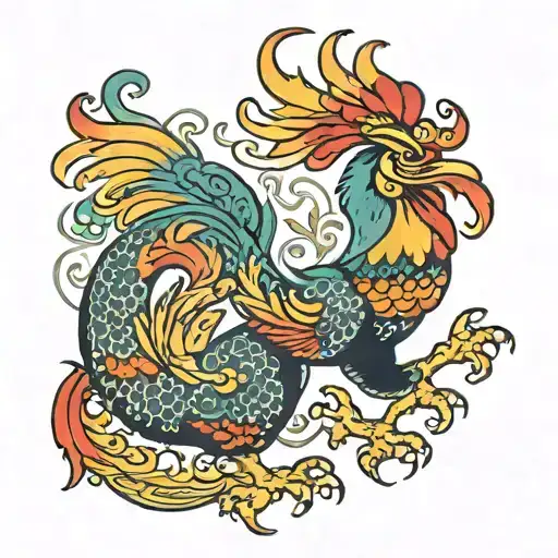 colorful  dragon  rooster tattoo design idea