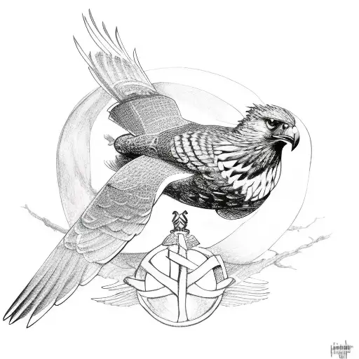 norse knot of brotgerhood witha falcon and a hawk protruding from the knot tattoo design idea