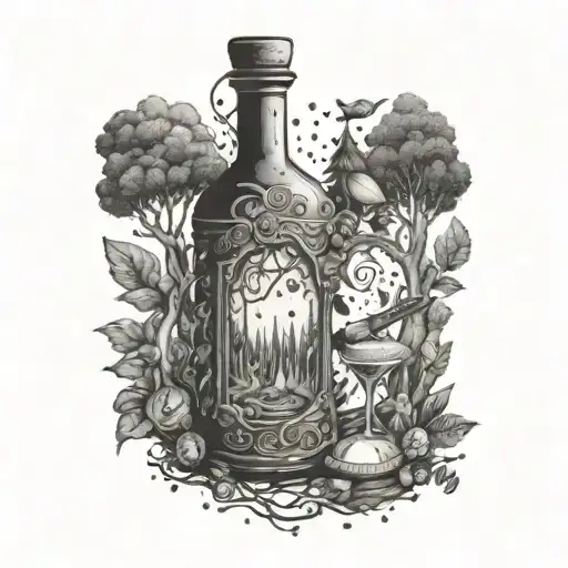 An enchanted forest scene with a hidden bottle of magic potion, surrounded by musical instruments tattoo design idea