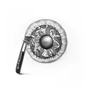 a pomegranate fruit in black and white  and the sun of argentina flag tattoo design idea