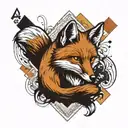 Small minimal fox sitting on a square background, accented by calligraphy brush strokes, with 4 large Aces playing cards tattoo design idea