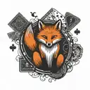 Small minimal fox sitting on a square background, accented by calligraphy brush strokes, with 4 large Aces playing cards tattoo design idea