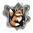 Small minimal fox sitting on a square background, accented by calligraphy brush strokes, with 4 large Aces playing cards tattoo design idea