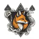 Small minimal fox sitting on a square background, accented by calligraphy brush strokes, with 4 large Aces playing cards tattoo design idea