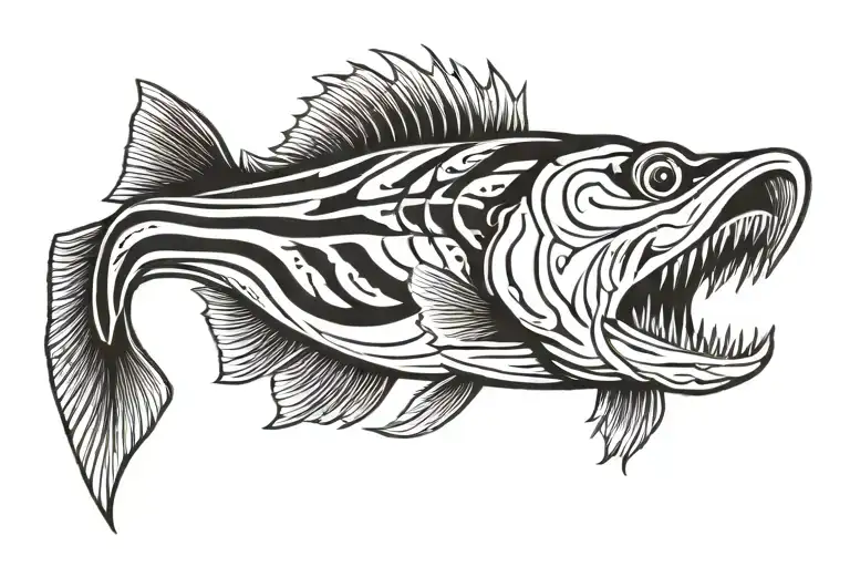 a striped bass, mouth closed. no bsckground. the tribal should be flowing inside  tattoo design idea