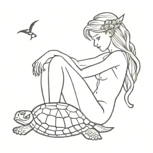 ocean fairy riding a turtle on her knees looking tattoo design idea