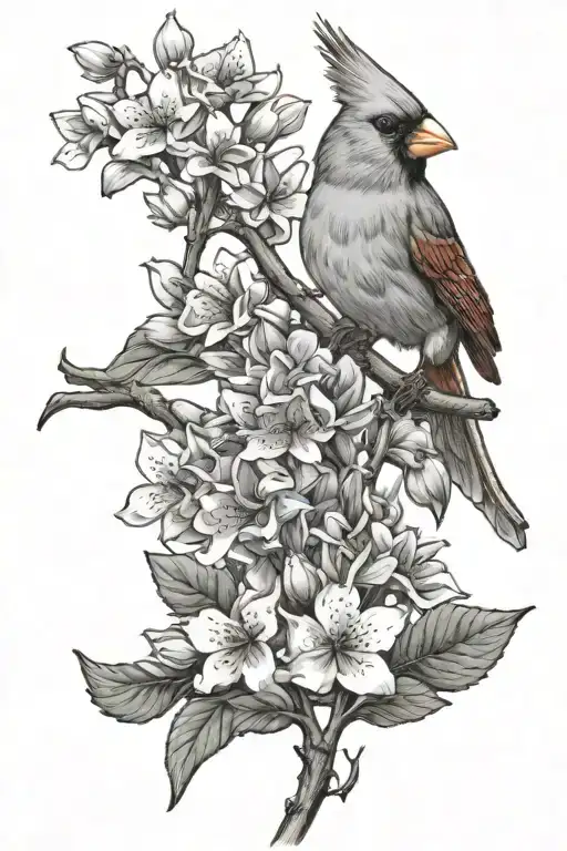 cardinal with flowers and a frog  tattoo design idea