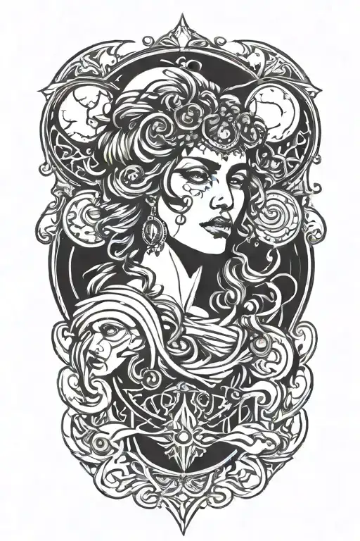 hekate greek godness 3 faces  with moons above her head surrounded  tattoo design idea