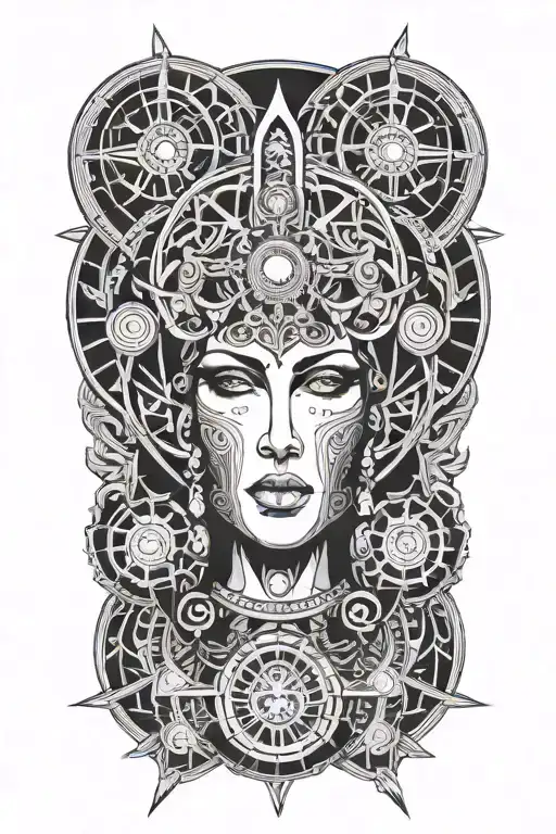 hekate greek godness 3 faces  with moons above her head surrounded  tattoo design idea