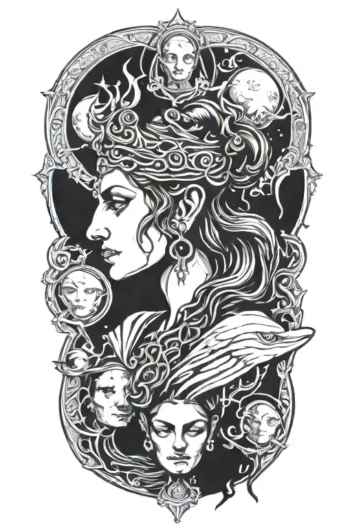 hekate greek godness with moons above her head emerging tattoo design idea