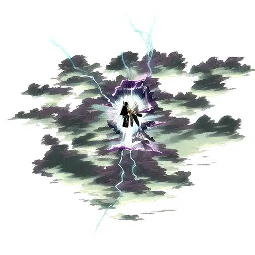 storm from x-men with clouds in background and lightning coming from hands in color tattoo design idea