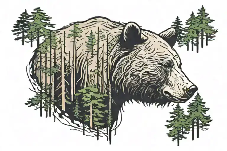 sleeping bear head with cedar trees upside down fading into bottom of bear tattoo design idea