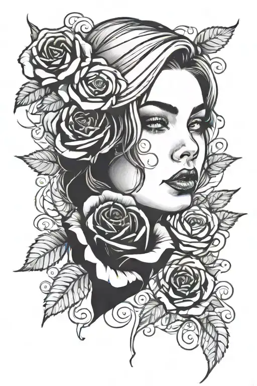 woman face black roses dark tattoo design idea