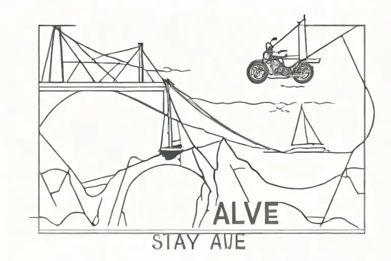 bridge with sailing boat sailing with motor bike riding over it. text with stay alive or feel alive tattoo design idea