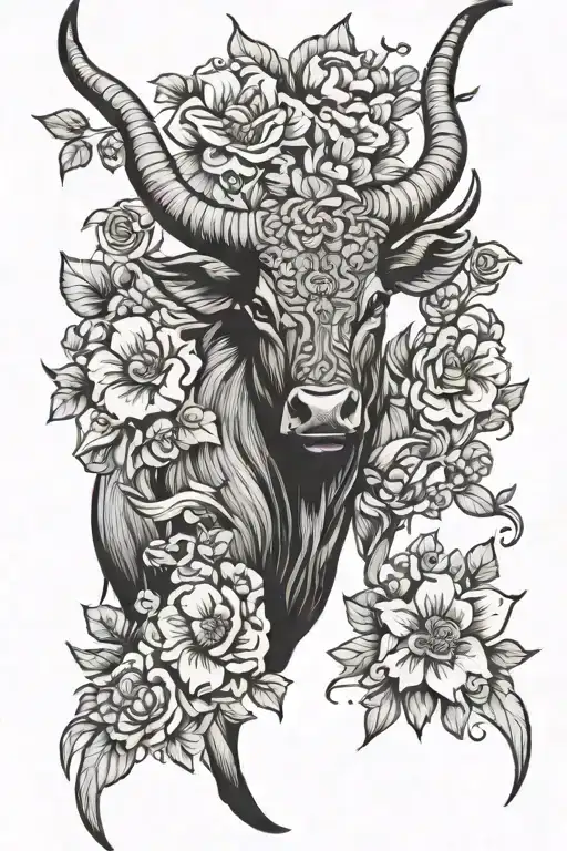 long horn bull flowers tattoo design idea