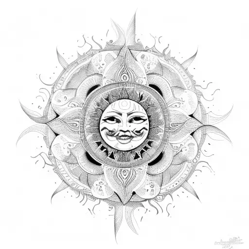 sun with mandala line design inside it, no eyes tattoo design idea