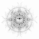 sun with mandala line design inside it, no eyes tattoo design idea