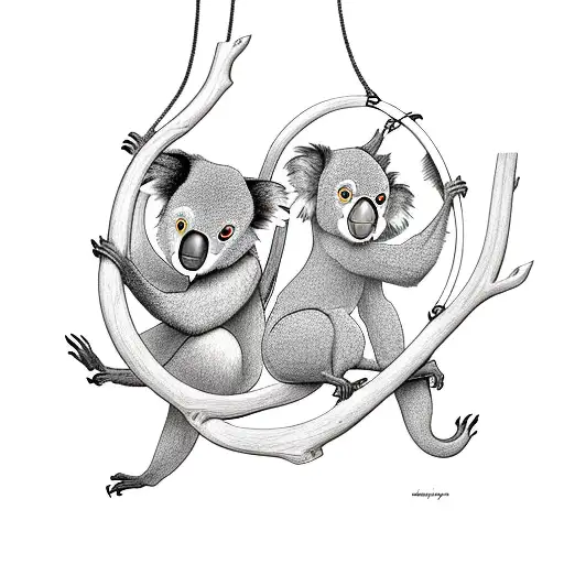 A koala and monkey swinging together on a tree branch tattoo design idea