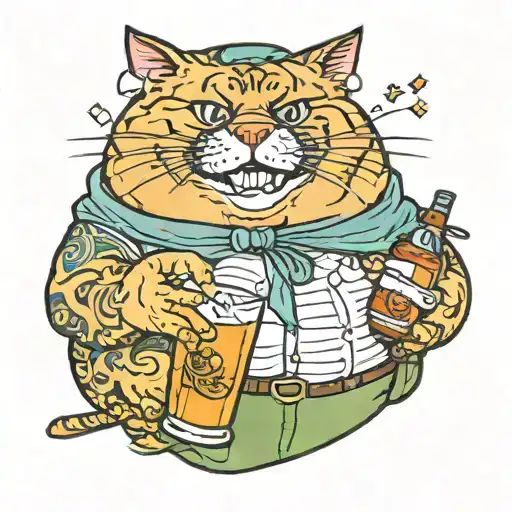 Fat Cat with a joint in its mouth with a bottle of hennessy in the other hand tattoo design idea