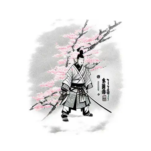 samurai standing near by the sakura and holding katana during the sunset tattoo design idea