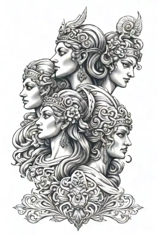 Create a full sleeve tattoo for the left are that consists of the 3 greek godesses Athena, Hera and Harmonia and the 2 g tattoo design idea