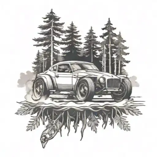 A black-grey tattoo of a racing car speeding through a forest with hunting rifles sticking out of the windows, combining the client's interests in racing and hunting tattoo design idea