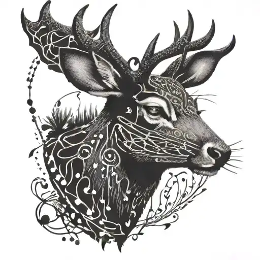 A dotwork tattoo of a deer silhouette filled with music notes and fishing hooks, showcasing the client's diverse interests in hunting and music tattoo design idea