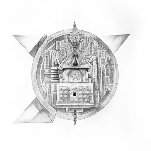 A black and grey tattoo of a labyrinth with a city hidden within tattoo design idea