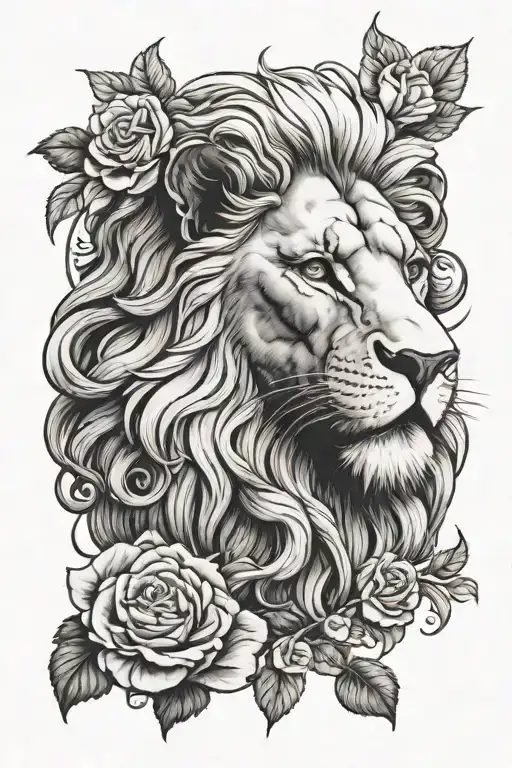 lion head with roses and  Greek god tattoo design idea