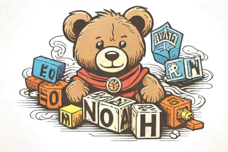 toy blocks with the name Noah inside with a toy bear next to it tattoo design idea