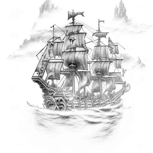 pirates of Caribbean style destroyed ghost pirate ship with only 2 masts and 5 cannons tattoo design idea