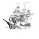 destroyed ghost pirate ship with only 2 masts and 5 cannons tattoo design idea