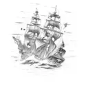 destroyed ghost pirate ship with only 2 masts and 5 cannons tattoo design idea