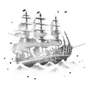 destroyed ghost pirate ship with only 2 masts and 5 cannons tattoo design idea