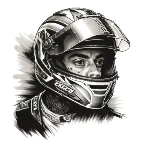 A portrait of Lewis Hamilton in a racing helmet tattoo design idea