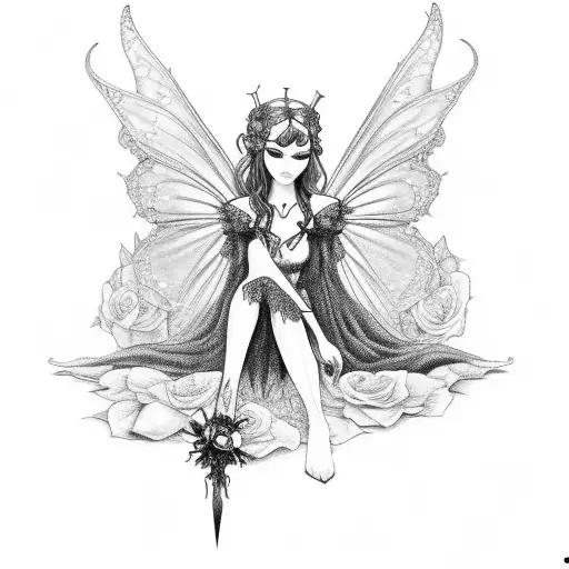 gothic fairy sitting on a rose that's wrapped around a dagger. tattoo design idea