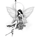gothic fairy sitting on a rose that's wrapped around a dagger. tattoo design idea