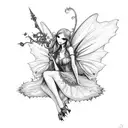 gothic fairy sitting on a rose that's wrapped around a dagger. tattoo design idea