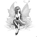 gothic fairy sitting on a rose that's wrapped around a dagger. tattoo design idea