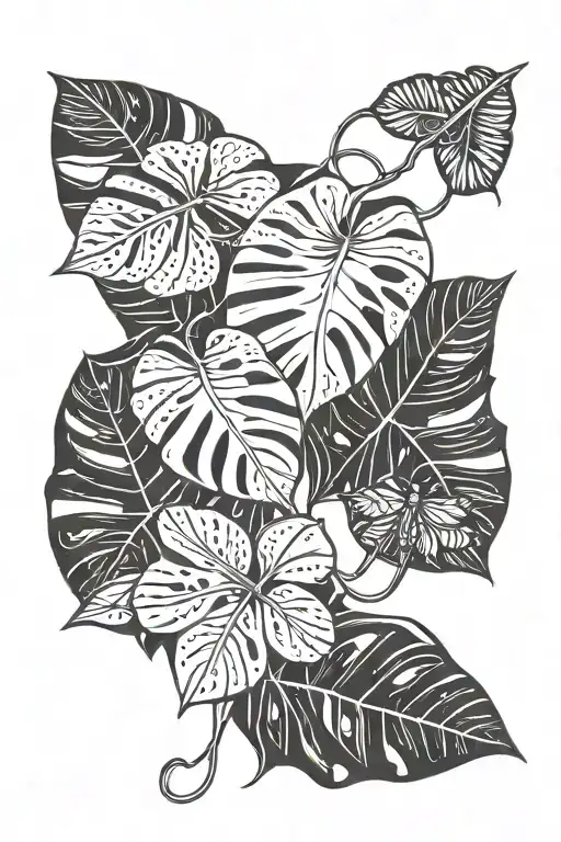 monstera leavesd and snake and scissors tattoo design idea