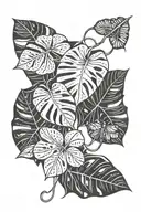 monstera leavesd and snake and scissors tattoo design idea