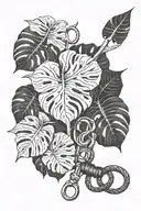 monstera leavesd and snake and scissors tattoo design idea