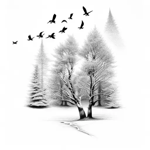 freehand brush with trees and birds tattoo design idea