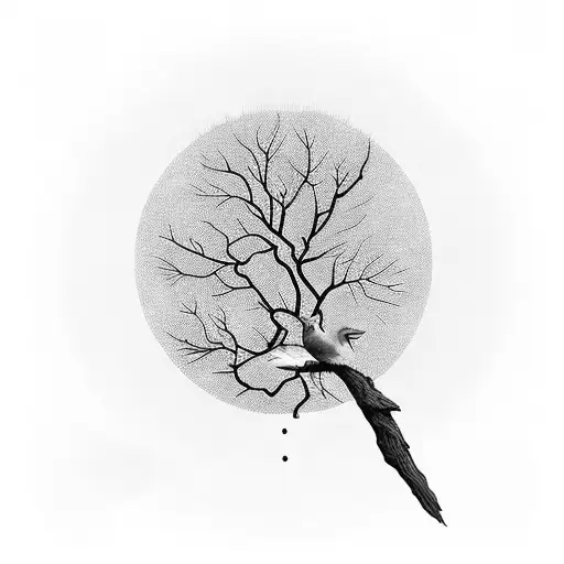 freehand brush with trees and birds tattoo design idea