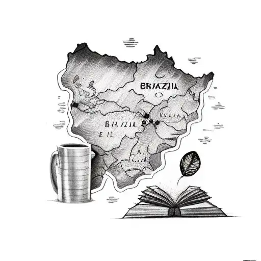 A sketch style tattoo of a map of Brazil with a coffee plant and a book, reflecting your love for Brazilian culture and reading tattoo design idea