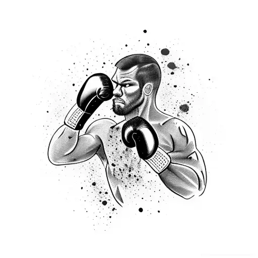 A detailed blackwork tattoo of a boxer throwing a punch, surrounded by paint brushes and splashes of color, symbolizing your love for art and boxing tattoo design idea