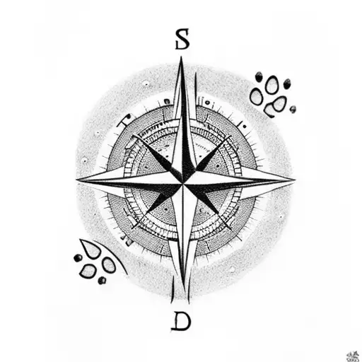 A dotwork tattoo of a compass surrounded by dog paw prints, representing your love for travel and dogs tattoo design idea