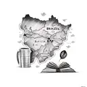 A sketch style tattoo of a map of Brazil with a coffee plant and a book, reflecting your love for Brazilian culture and reading tattoo design idea