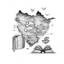 A sketch style tattoo of a map of Brazil with a coffee plant and a book, reflecting your love for Brazilian culture and reading tattoo design idea
